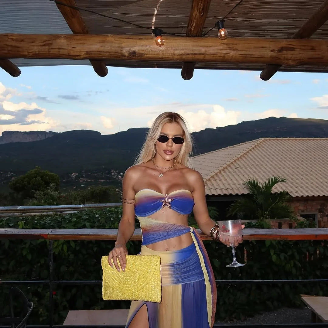 Bandage Swimwear with Skirt Slit Skirt Gradient Swimsuit Long Skirt Suit Swimsuits Women Bathing Suits Summer Beachwear Biquini