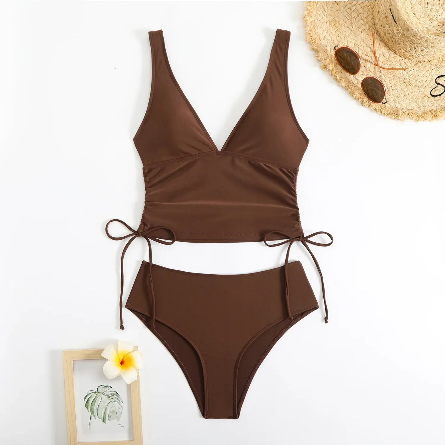 Fashionable Pure Color Nylon Fabric Bikini Set Sexy Two-Piece Swimsuit Drawstring Design Separate Top And Bottom for Women