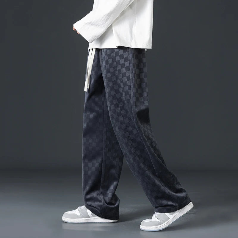 Men's Checkered Velvet Sweatpants, Loose Drawstring Trousers, Trendy Checkered Pattern, Fall and Winter Casual Streetwear
