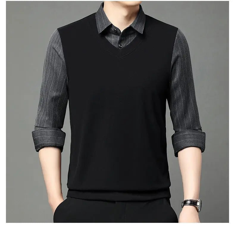 Fake Two Pieces Men Polo Shirts Turn-down Collar Striped Patchwork Business Casual Thermal Long Sleeve Comfortable Knitted Tops