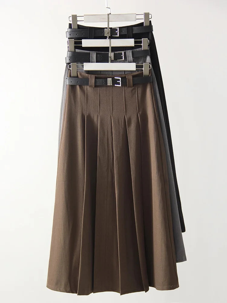 Gray Midi Pleated Skirts For Women Autumn 2024 High Waist A Line Maxi Zipper Skirts For Office Lady Long Skirt Woman Black