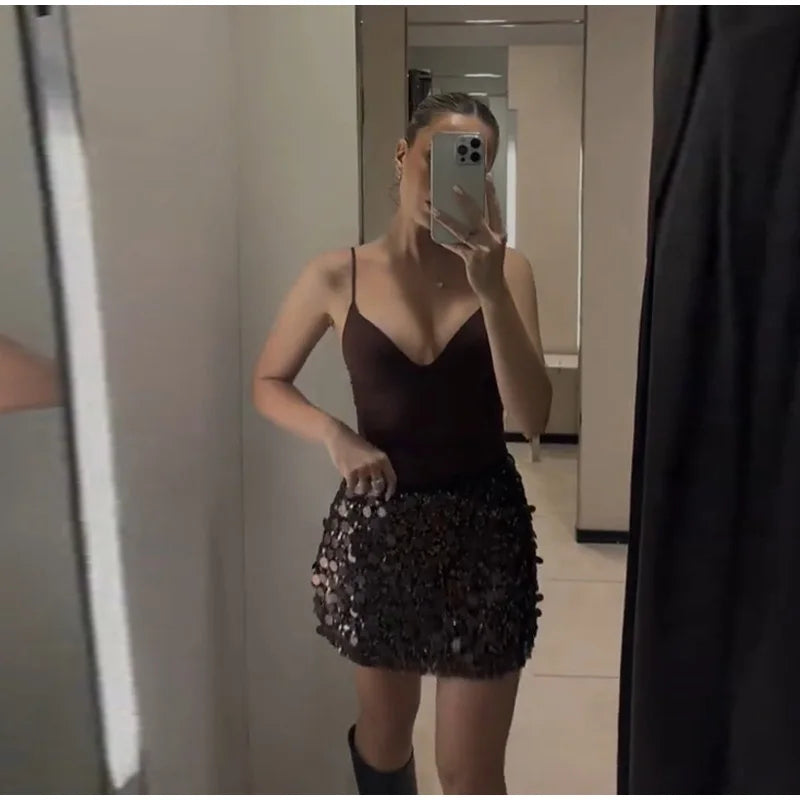 Sexy Paillette Mini Women's Skirt Fashion High Waist A-line Party Club Female Skirts 2025 Winter Streetwear Lady Clothes