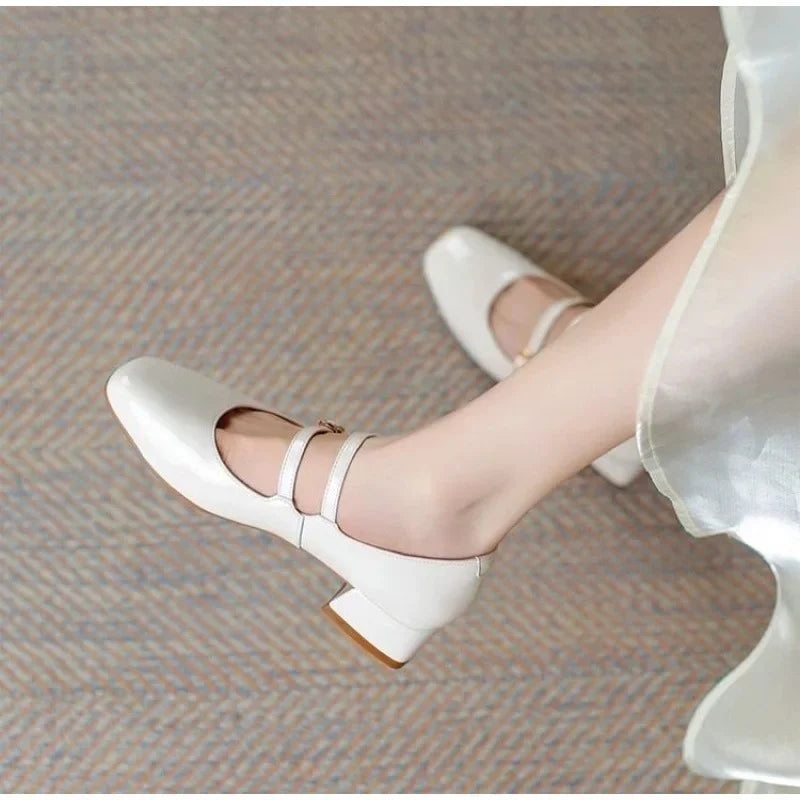 French Elegance Patent Leather Slip-On Mary Jane Shoes Retro Wine Red Buckle Strap Low Heel Thick Heel Single Shoes