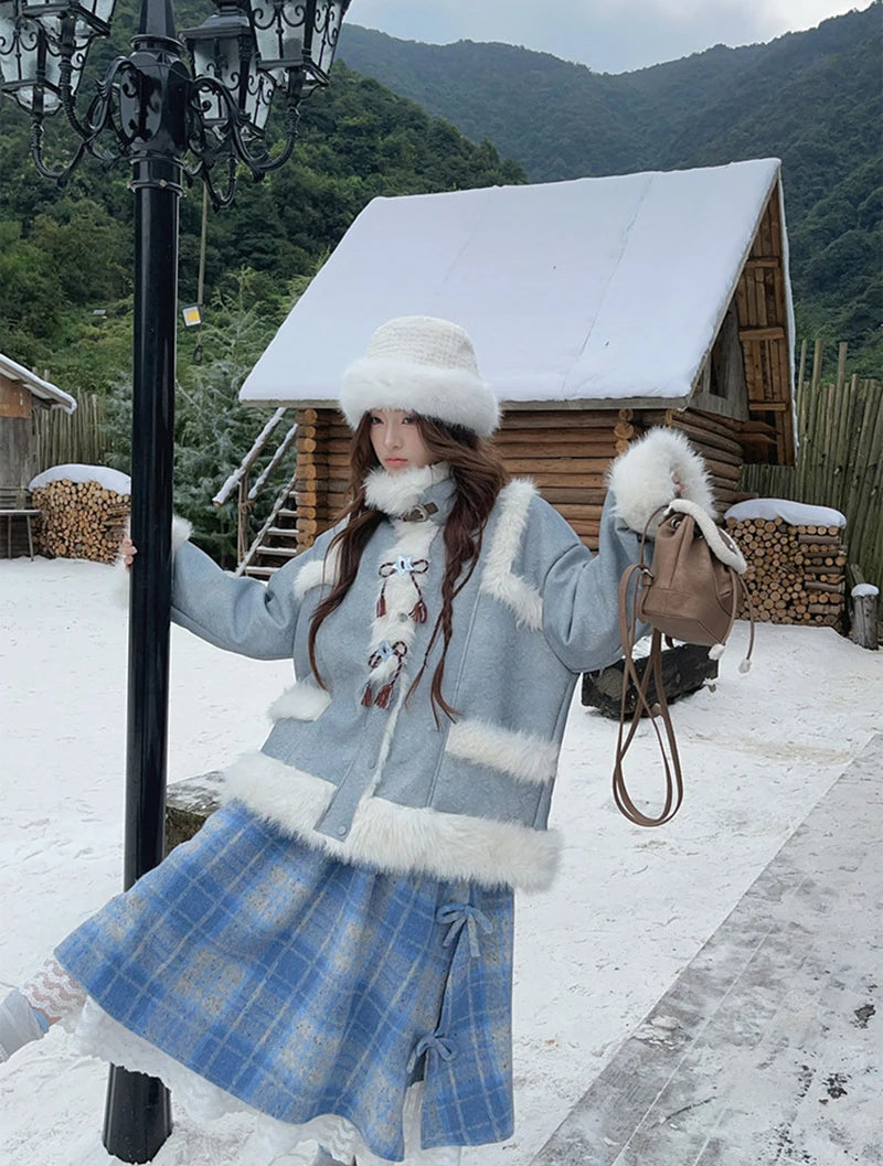 MEXZT Vintage Plaid Woolen Midi Skirt Women Japanese Kawaii Bow Lace Patchwork Skirts Winter Harajuku Cute Casual A Line Faldas