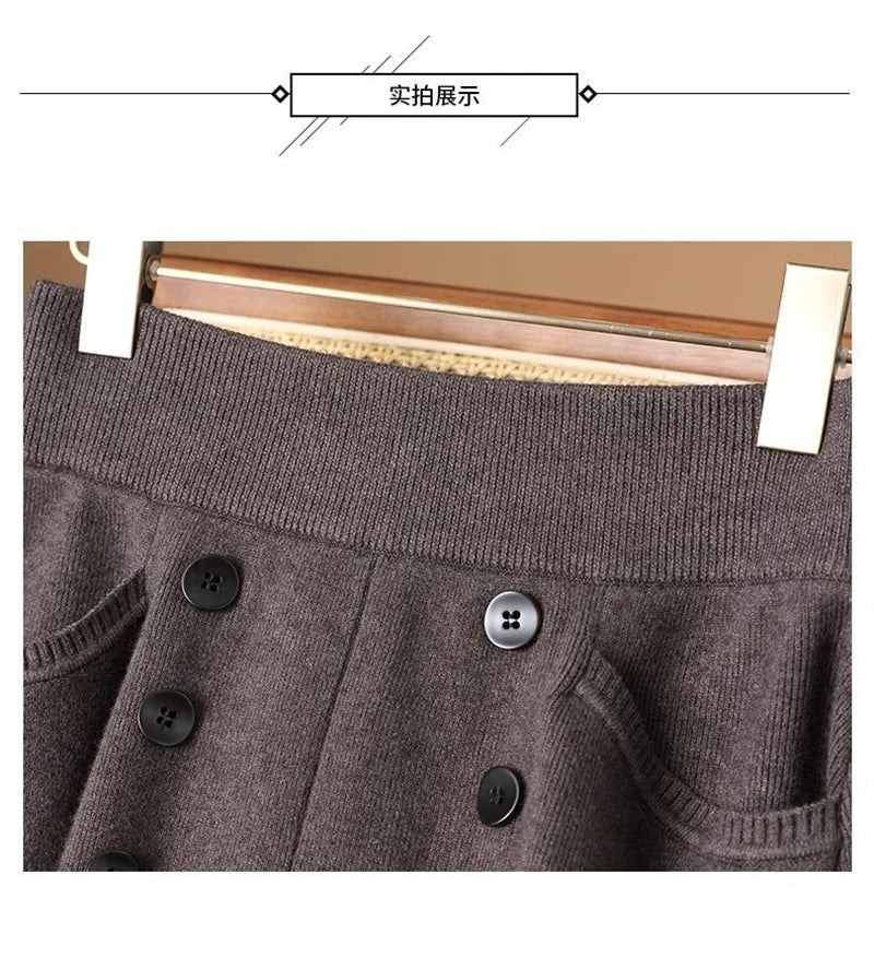 Women Knitted Skirt 2025 Autumn Winter New Loose Oversized Button Elastic Skirts Female Knitt Skirt Warm Women's Clothing