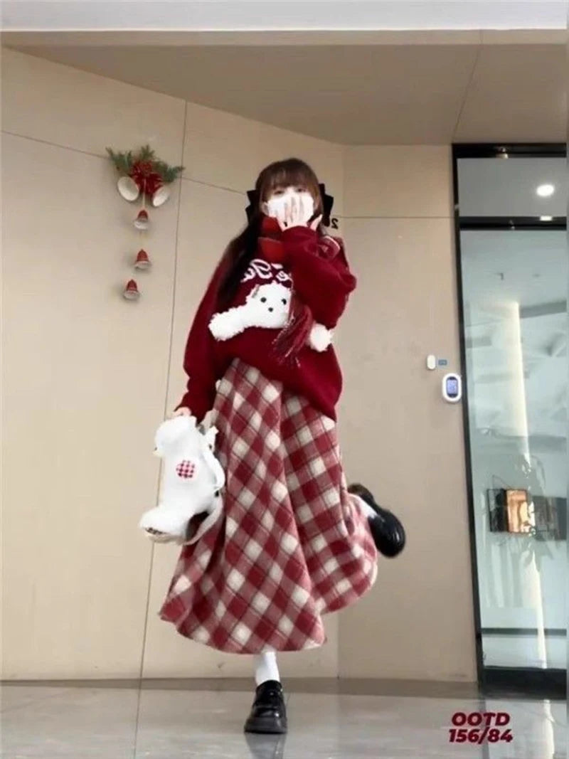 Red Plaid Midi Skirt Women Fall Winter Vintage High Waist Sweet Woolen Cloth Skirts Retro Loose Preppy Aesthetic Female Skirt