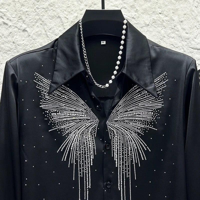 Heavy Industry Butterfly Rhinestone Shirt Men's Korean Version Shoulder Pad Versatile Casual Shirt Stage Performance Streetwear