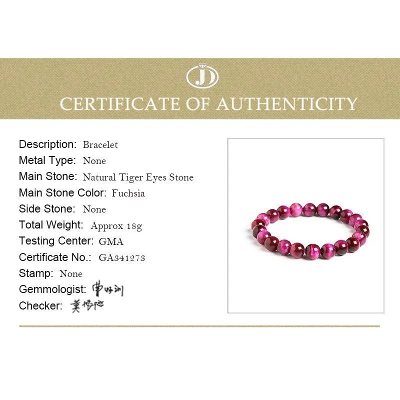 JD Natural Fuchsia Tiger Eye Stone Minerals Round Loose Beads Jewelry  Good Lucky Elastic Bracelet New Year Gift