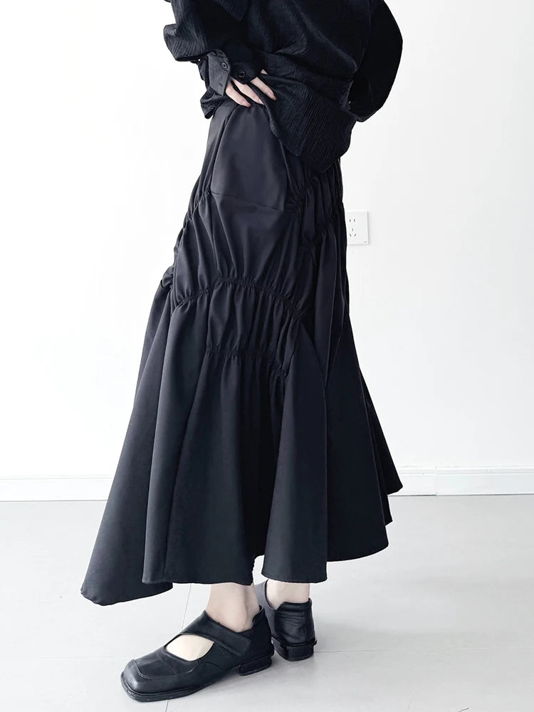 [EAM] High Elastic Waist Black Irregular Pleated Midi Elegant Half-body Skirt Women Fashion Tide New Spring Autumn 2025 1DJ0400