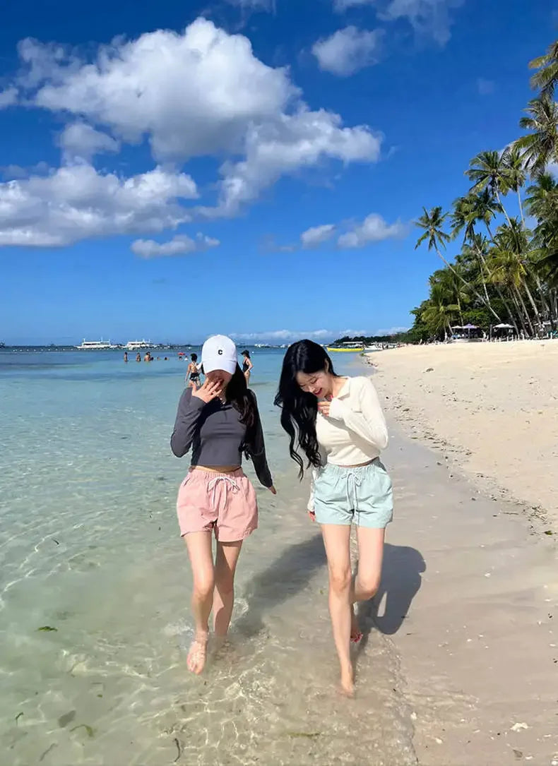 Fashionable Korean Dongdaemun Long Sleeve Women's Swimsuit Casual Beach Vacation Two Piece Conservative Student Bikini Set