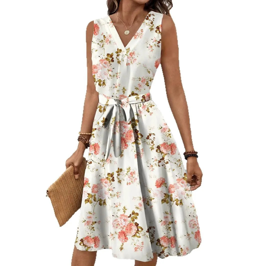Dress Women Flower Print Dresses Sleeveless V Neck Lace Up Tight Waist Knee Length A Line Office Lady 2025 Summer Vestidos