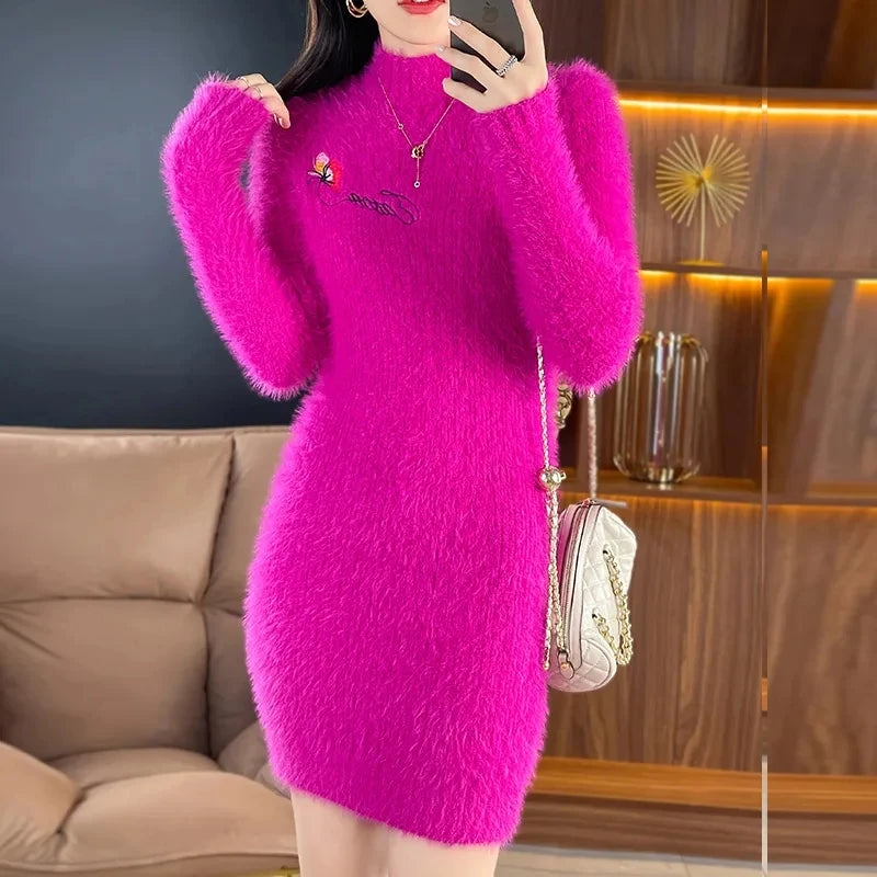 Autumn Winter Imitation Mink Fleece Dress Women Sweater Pullover Slim Embroidered Knitting Dress Female Base Shirt Mini Dress