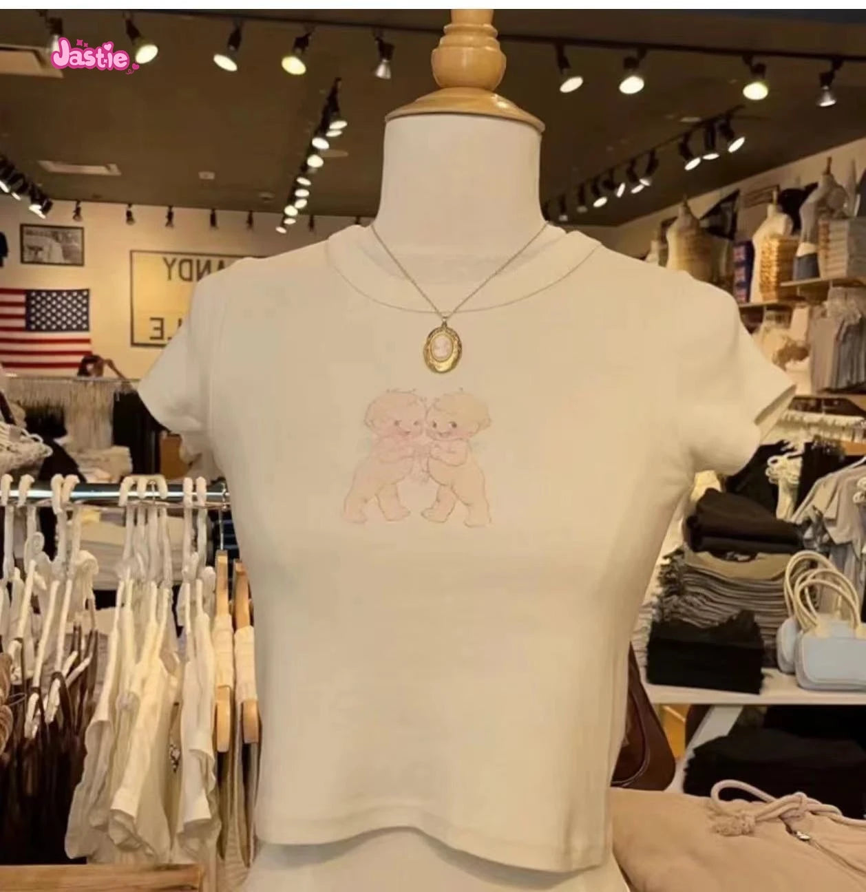 Cartoon Print Beige T-shirts Women 2024 Summer Streetwear Round Neck Short Sleeve T Shirt Female Vintage Chic Y2k Crop Top