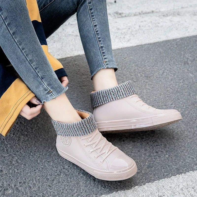 Anti-Slip Short Tube Waterproof Women's Rain Boots Fashionable Kitchen Work Rubber Shoe Covers Fishing Shoes PVC Material Adult