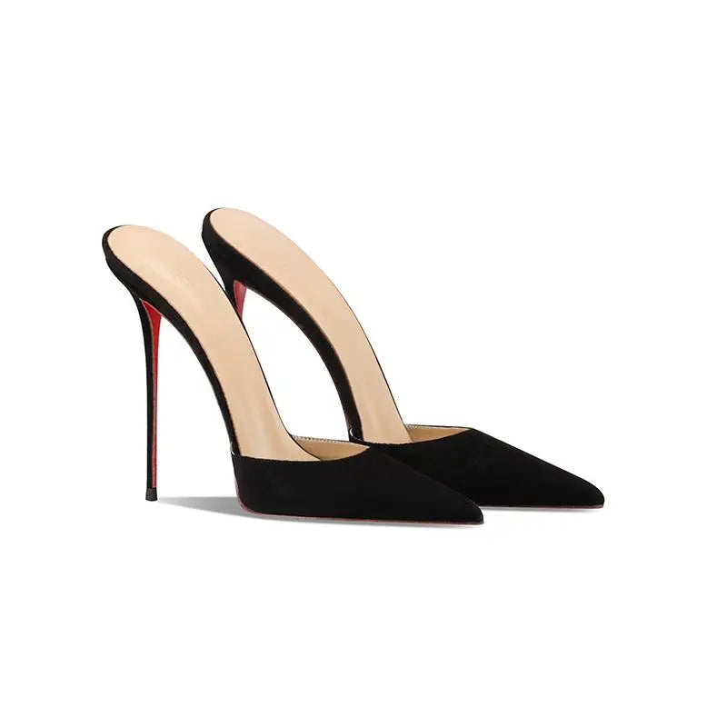 2025 new black suede high-heeled slippers with a warm and sexy temperament, pointed red bottom and slim heels for women