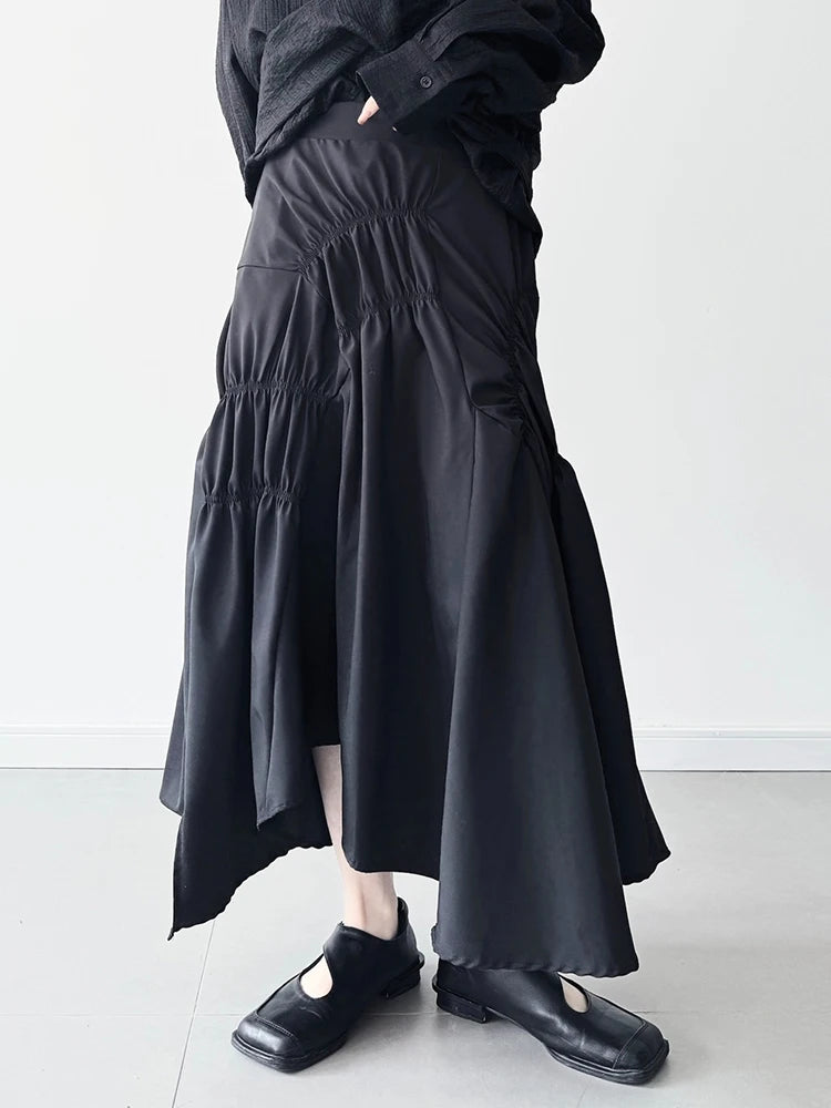 [EAM] High Elastic Waist Black Irregular Pleated Midi Elegant Half-body Skirt Women Fashion Tide New Spring Autumn 2025 1DJ0400