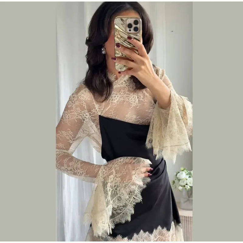 Elegant Lace Patchwork Satin Mini Dress Women High Collar Flare Sleeve See Through Party Dresses 2025 Autumn Lady Evening Robes