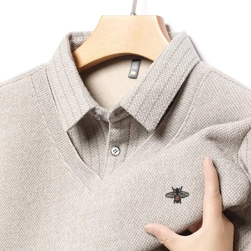 Designer Quality Men's Lapel Fake Two-Piece Long Sleeve T-Shirt Winter New Bee Print Plush Thickening Sweater Business Menswear