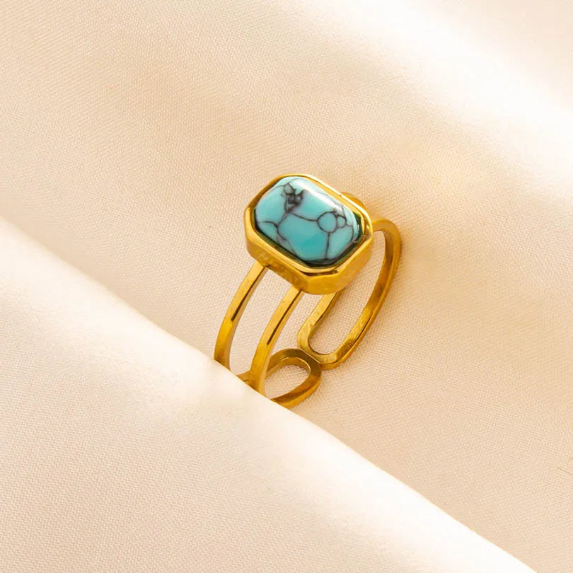 Classic Retro Turquoise Finger Jewelry Stainless Steel Rings For Women Men Accessories Open Adjustable 18k Real Gold Plated Ring