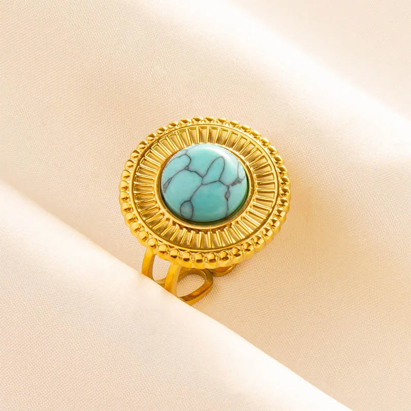 Classic Retro Turquoise Finger Jewelry Stainless Steel Rings For Women Men Accessories Open Adjustable 18k Real Gold Plated Ring