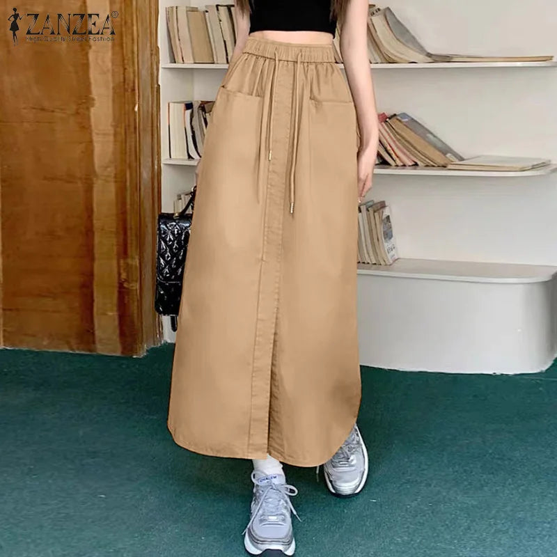 ZANZEA Fashion Women Autumn High Waist Skirts Solid Long Jupes Elegant OL Work Faldas Saia Stylish Holiday Midi Skirt Streetwear