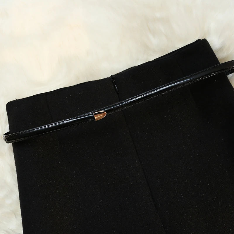 Seoulish 2024 New Autumn Winter Wrapped Woolen Midi Skirts for Women Fashion High Waist Solid Color Office Lady Straight Skirts