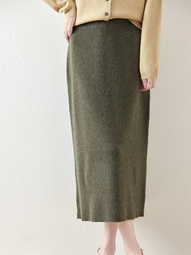 100% Merino Wool Knitted Half Skirt Autumn Winter Women's Elegant A-line Skirt High Waisted Mid Length Slimming Thick Warm Dress
