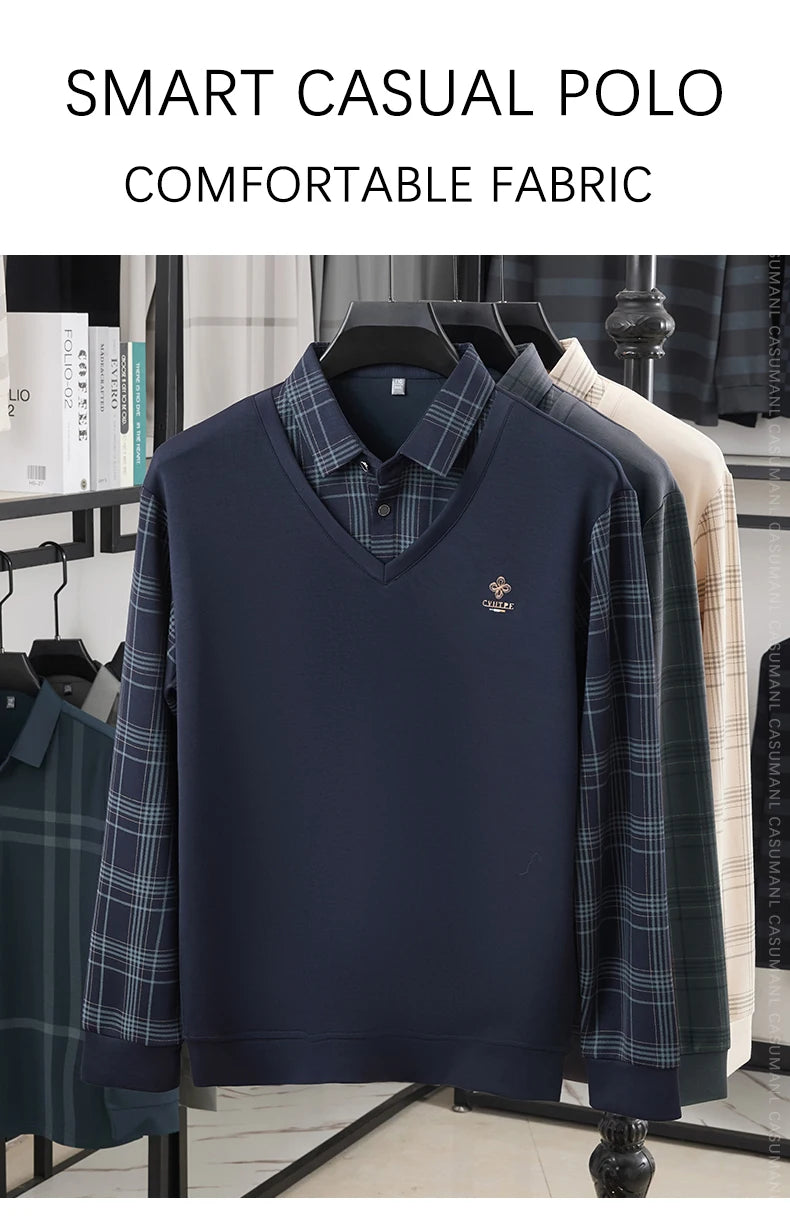 TFETTERS Long Sleeve Polo Shirt Men 2025  Autumn New Business Slim Fake Two Shirt Man Casual Loose Plaid Graphic Shirt for Men