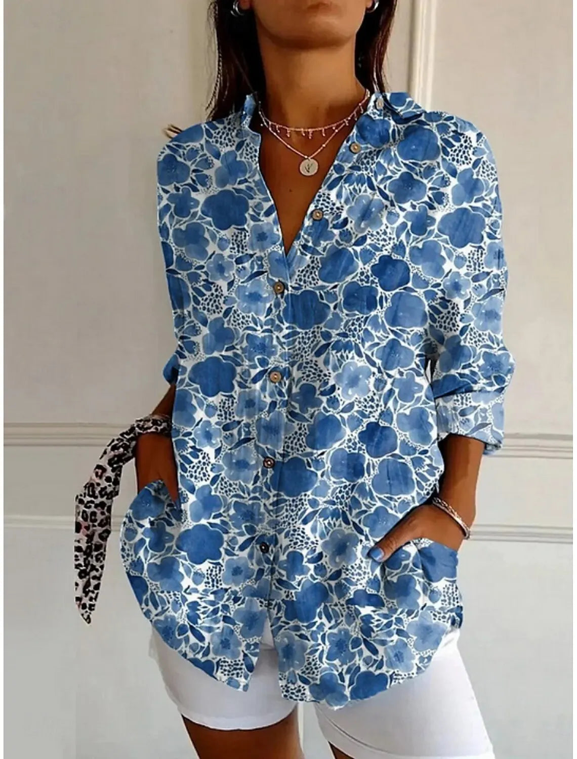 Women's Shirts Floral Active Stylish Buttons Blouse Lapel Neck Blouse Womens Long Sleeve Shirts Womens Clothing Female Clothing