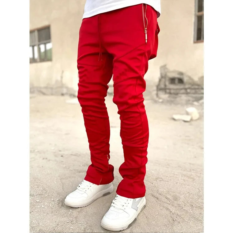Autumn Men's Footband Solid Color Sports Pants Stretch Slim Cotton Zipper Pocket Draw Rope Fashion Running Casual Sports Pants