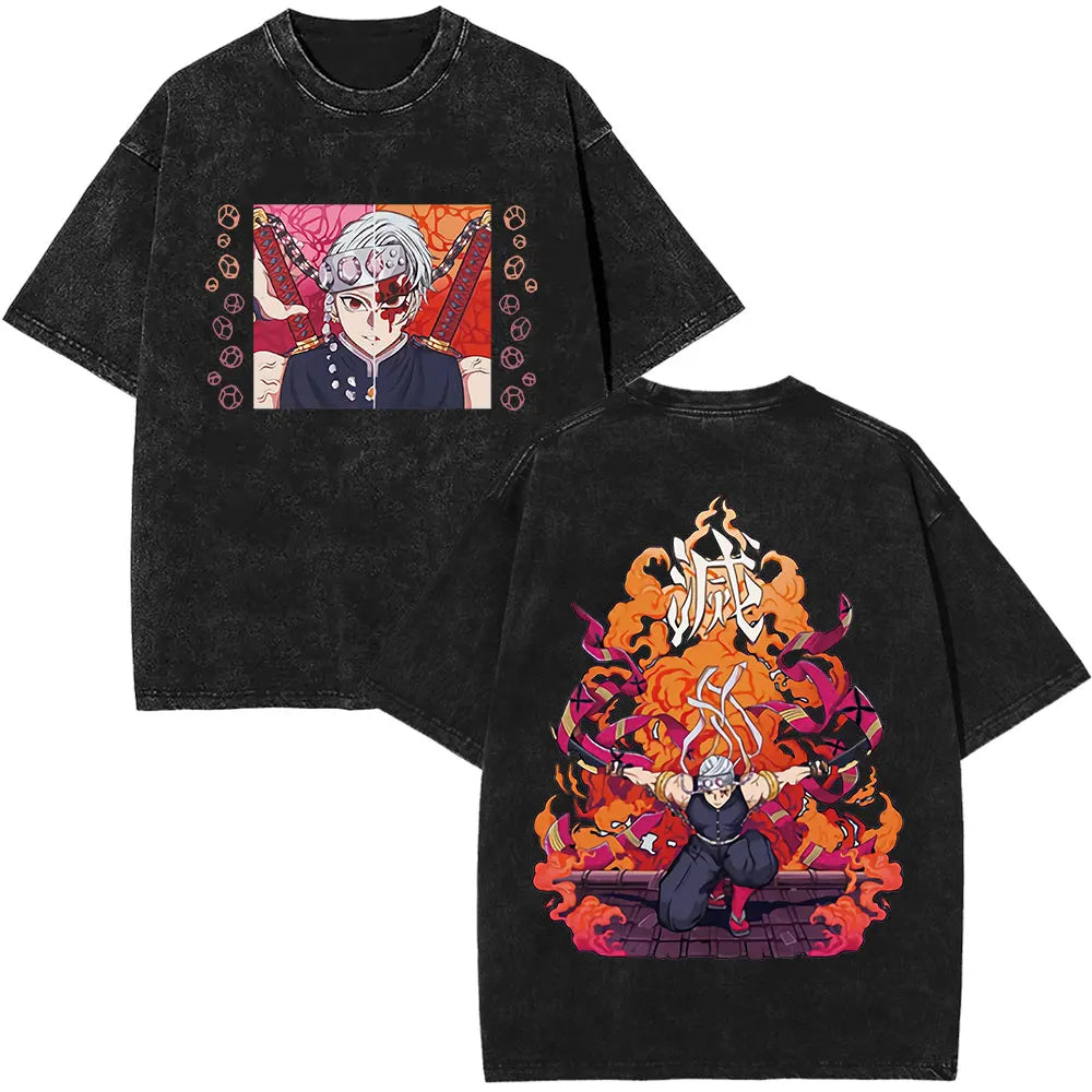 Demon Slayer Tengen Uzui Ninju Mice GYM Washed T Shirts Kimetsu No Yaiba Tee Shirt Cotton T-Shirt Unisex Casual Oversized Tops