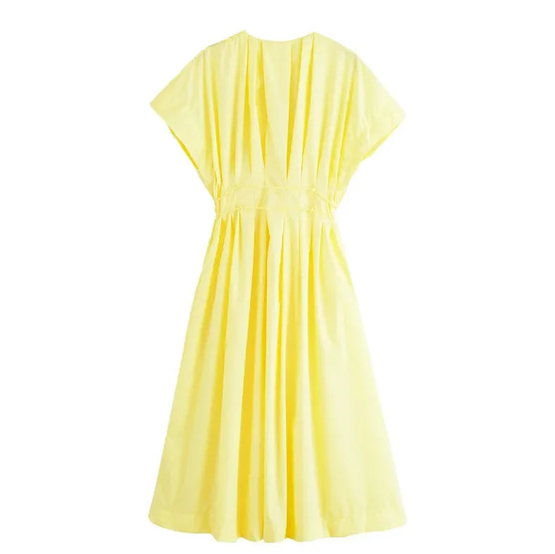 Slimming Casual Short Sleeve Pleated Shoulder Draped Dress Versatile Women's Fashion Design Knee-Length V-Neck Dress