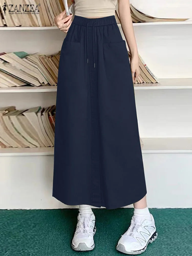 ZANZEA Fashion Women Autumn High Waist Skirts Solid Long Jupes Elegant OL Work Faldas Saia Stylish Holiday Midi Skirt Streetwear