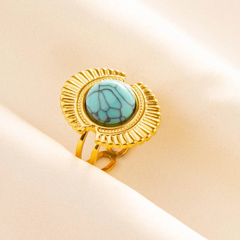 Classic Retro Turquoise Finger Jewelry Stainless Steel Rings For Women Men Accessories Open Adjustable 18k Real Gold Plated Ring