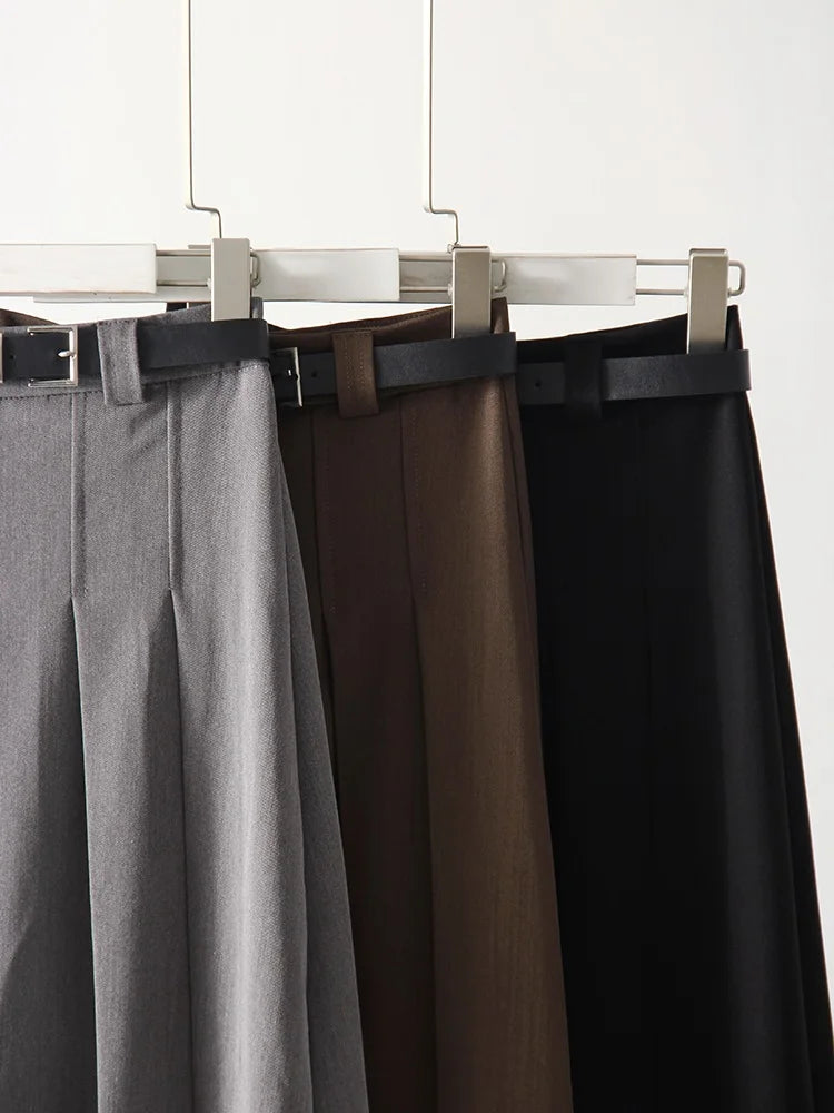 Gray Midi Pleated Skirts For Women Autumn 2024 High Waist A Line Maxi Zipper Skirts For Office Lady Long Skirt Woman Black