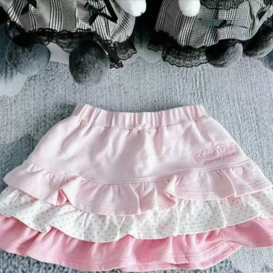 Pink Sweet Lolita Style Mini Skirt Women Kawaii Embroidery Polka Dot Print Cake Skirts Female Summer Fashion Y2k A Line Skirts