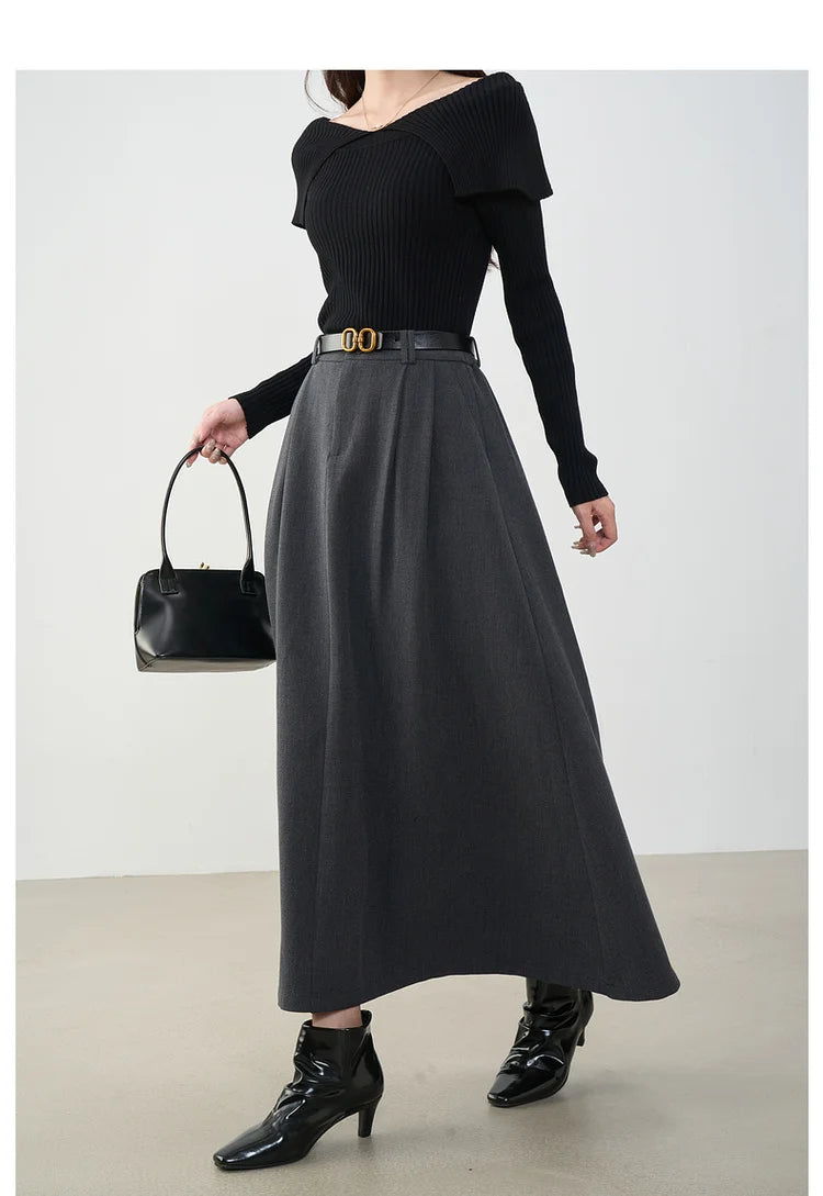 VIMLY Midi Women Skirt 2025 Autumn Office Lady Gray A-line Bud Elegant Ladies Skirt Zipper Loose Pockets Female Skirts A2202