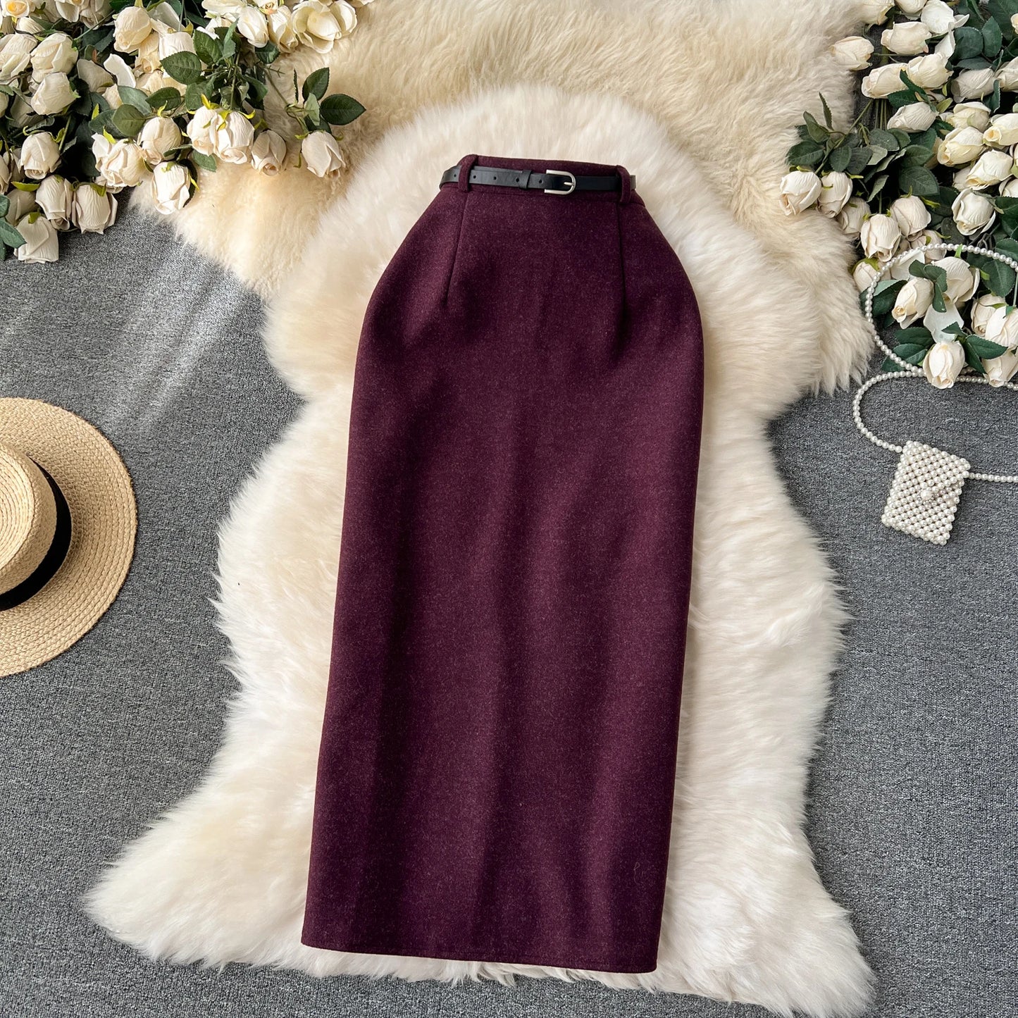 Woolen Midi Skirt Women Autumdn Winter High Waisted Elegant Pencil Skirt Female Slim Split Work Skirts