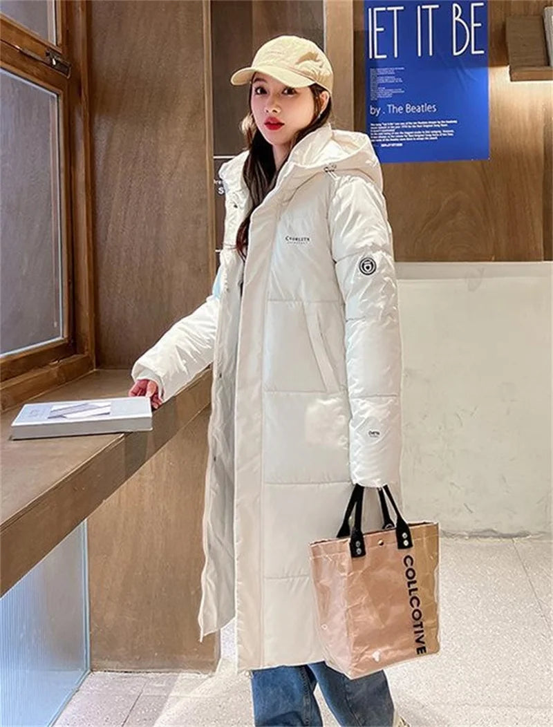 2025 Solid Long Down Parka Women with  Hood  Cotton Padded Jacket Winter Overcoat Fashion Thicken Warm Puffer Coat Female