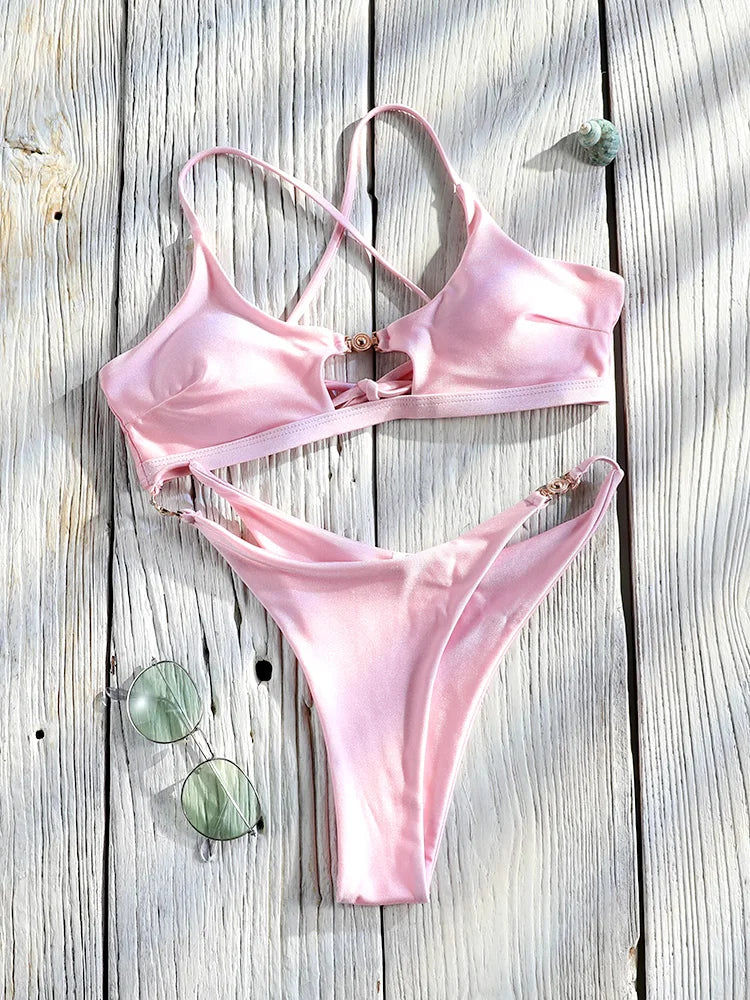 Miyouj Bandage Swimwear Summer Swimsuit High Cut Bikini Set Solid Sexy 2-Piece Suit New Bathsuit Hollow Out Thongs Beachwear