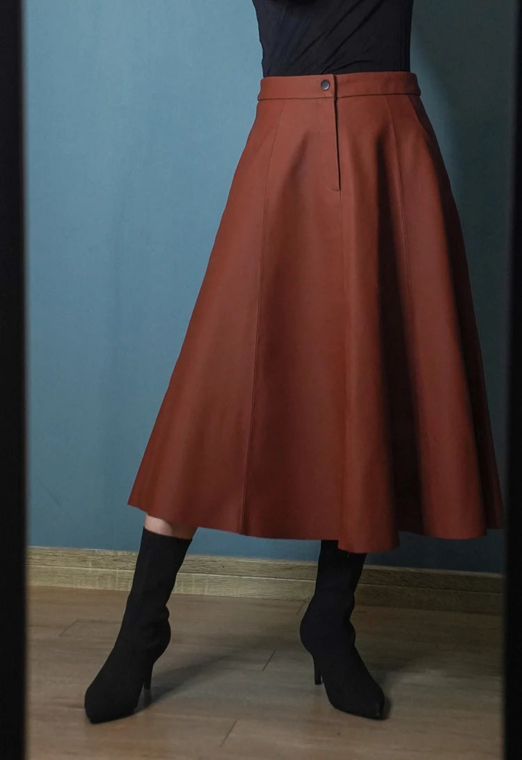 Women Caramel Genuine Leather Skirt 2025 Winter Female Natural Skin A-line Simple Big Hem Pleated Long Faldas Apricot Ropa Mujer