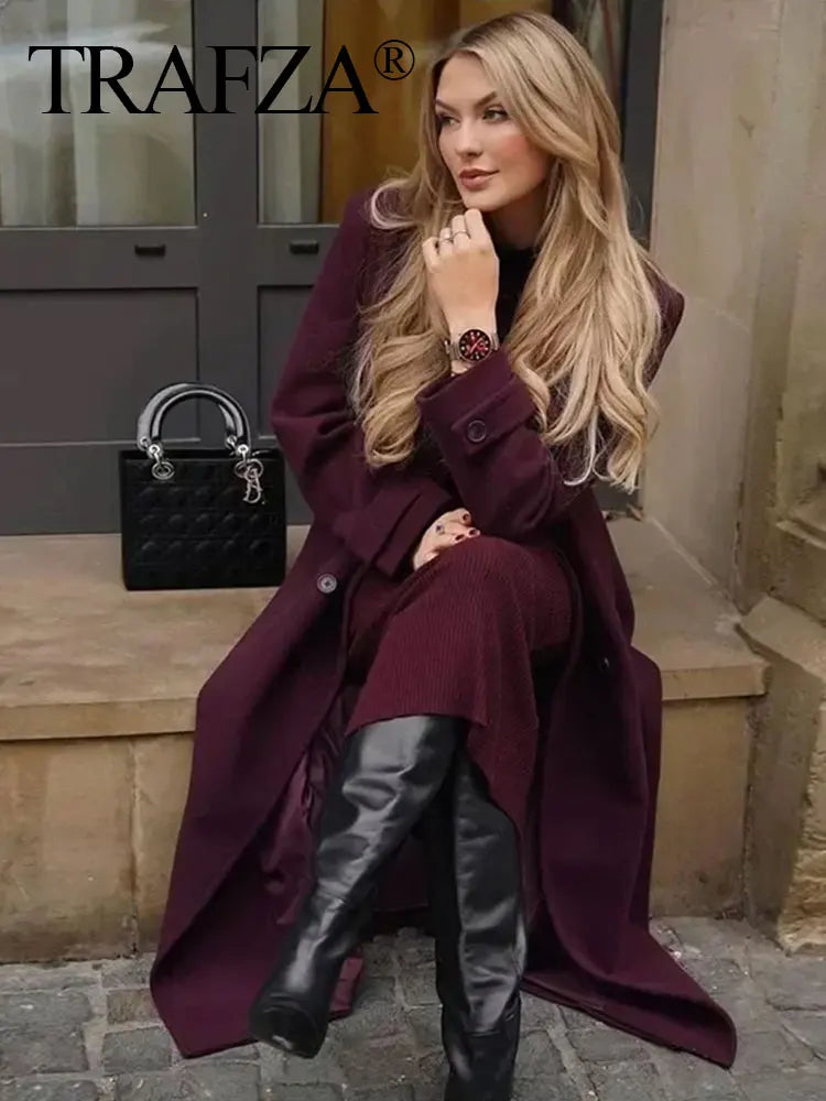 HH Women Elegant Wine Red Coat With Belt Lapel Full Sleeve Double Breasted Lady Overcoat Autumn Winter Female Outwear