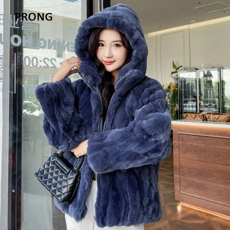 100% Real Rabbit Fur Coat Women Winter Loose Hooded Zipper Natural Fur Jacket Thick Warm Woman Clothing Female Furry Outerwears