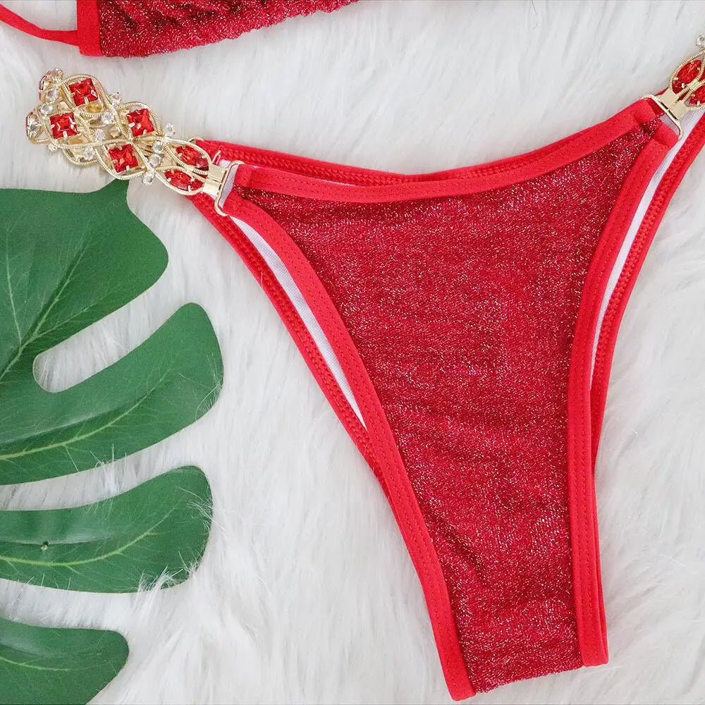 Sexy Bikinis Swimsuits Woman 2025 Luxury Rhinestones Push Up Diamond Thong Swimwear Shiny Gold Beach Bathing Suit Bikini Set