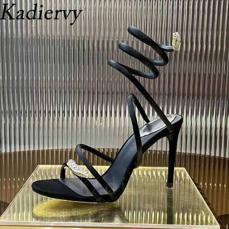 Summer High Heels Sandals Woman Butterfly-knot Rhinestone Snake Twine Around Ankle Strap Wedding Shoes Thin Heels Sandals Women