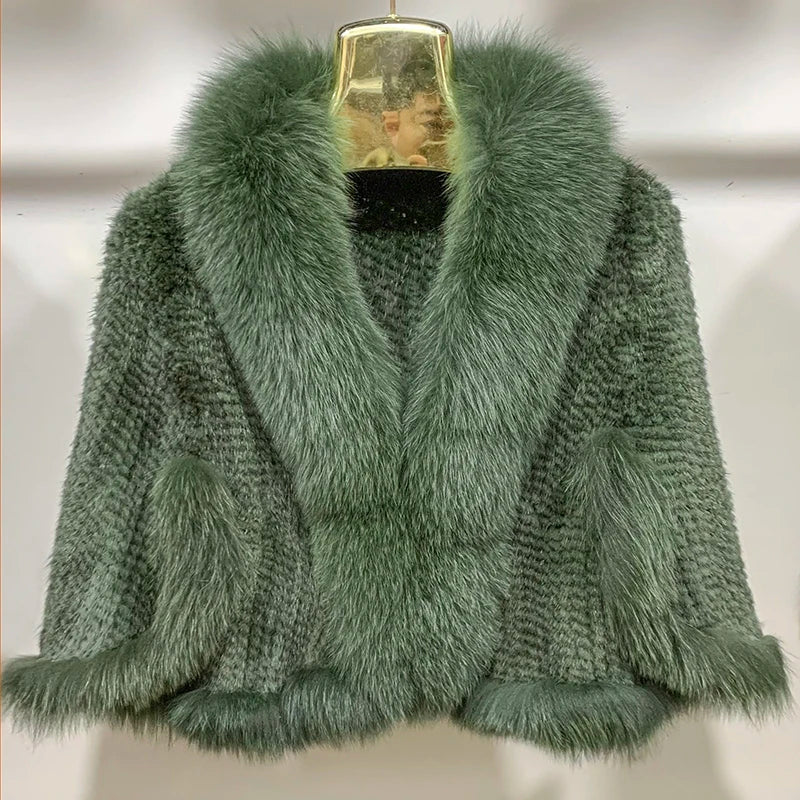New Real Mink Fur Poncho Knitted 100% Natural Real Mink Fur Shawl Natural Fox Fur Collar cape Autumn Winter Mink Fur Scarfs