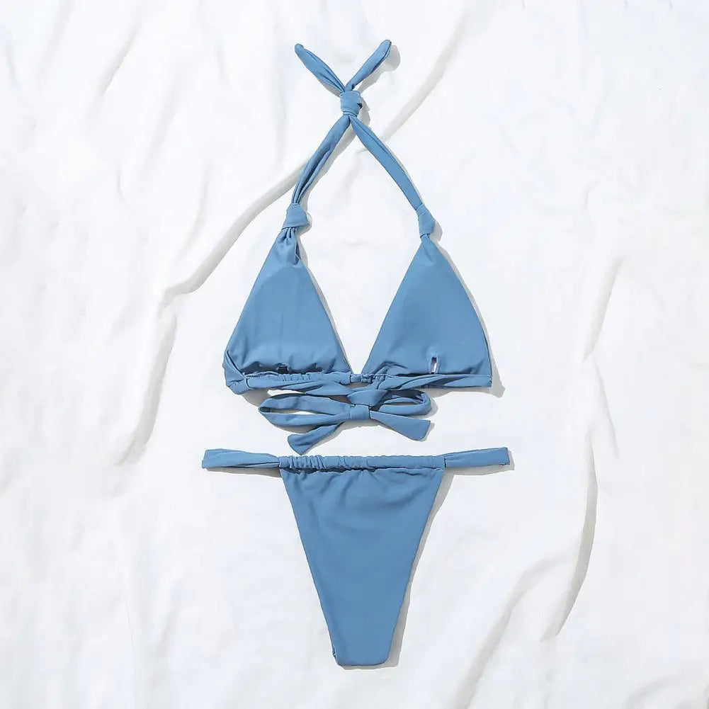 2Pcs/Set Women's Swimsuit 2025 Solid Color Halter Bikini Set With Padded Sexy Split Design Lady Swimwear Woman Clothing