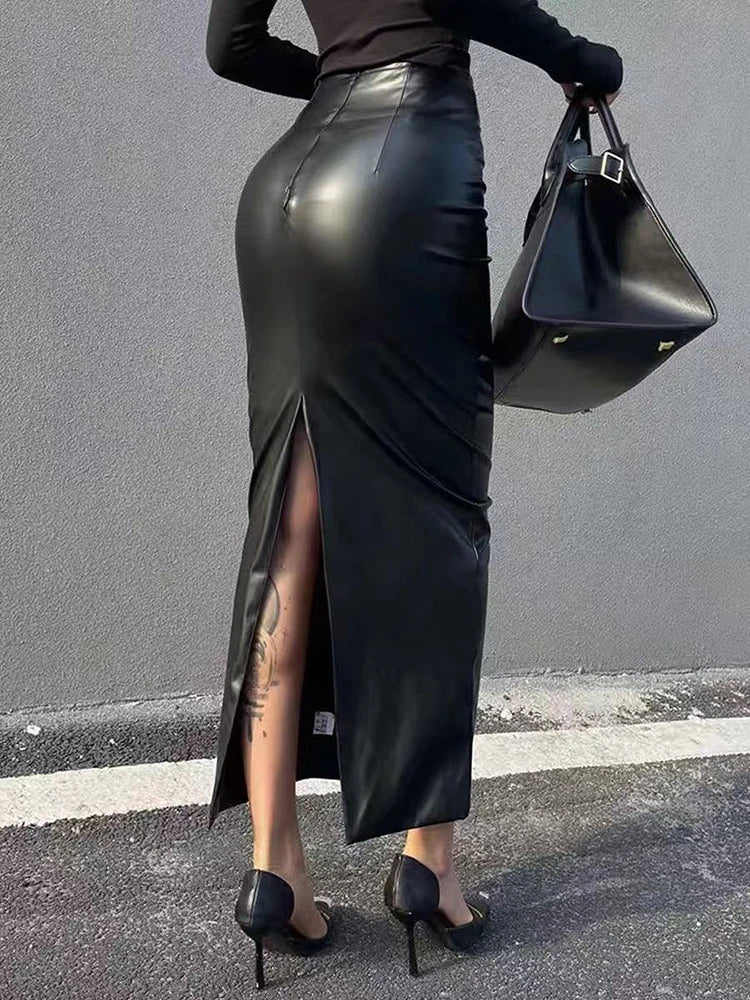 Vintage Pu Leather Slit Skirts Women High Waist Streetwear Slim Midi Skirts Y2K Korean Elegance Party Night Ladies Black Skirts