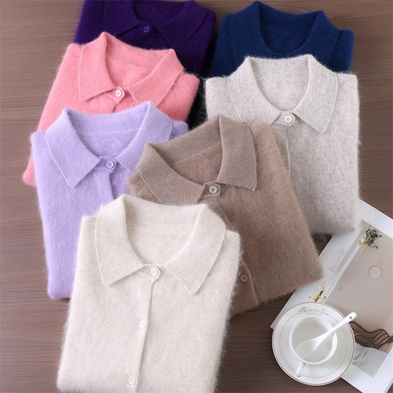 Chic Female Grace Soft Knitwear Women's Polo Collar Button Cardigan 100% Mink Cashmere Sweater Autumn Winter Soft Casual Tops