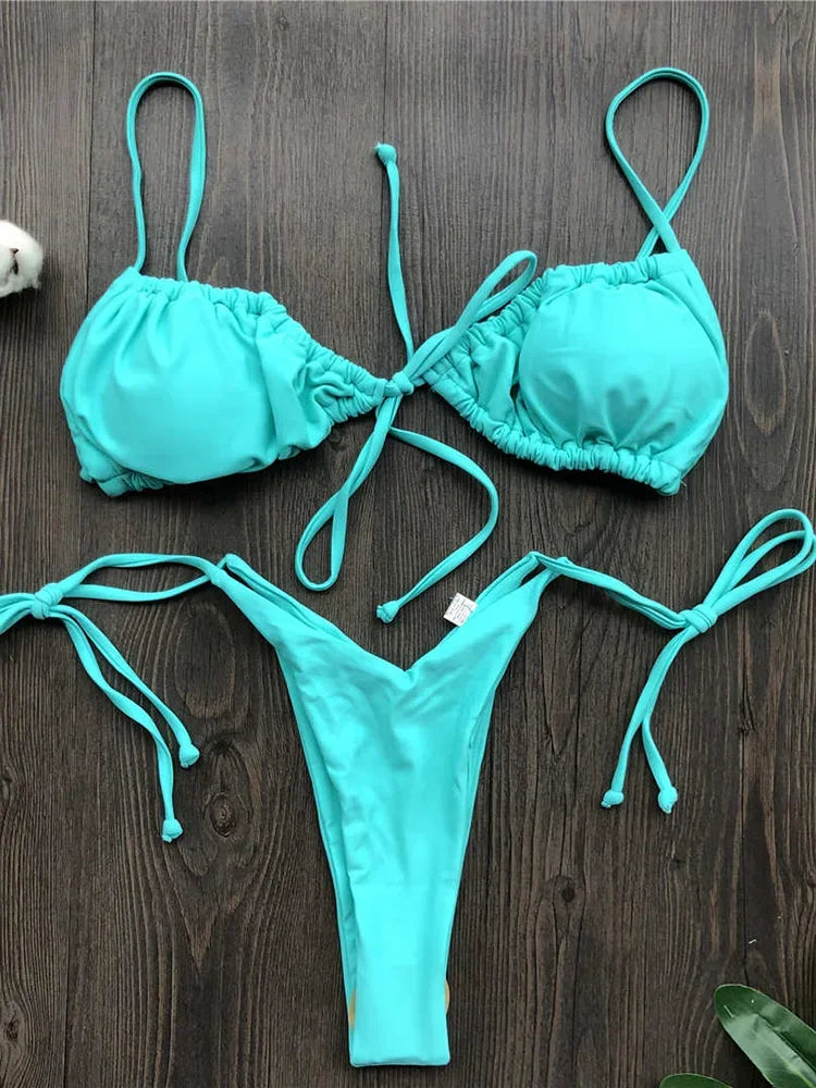 Sexy Printed Ruffled Frilled Thong Bikini Women Swimwear Female Swimsuit Two Pieces Bikini set Micro String Bathing Suit Swim